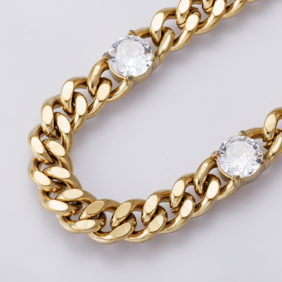Gold Stainless Steel 6.3mm Triple CZ Curb Chain 8.5 Inch Bracelet | WA-04171