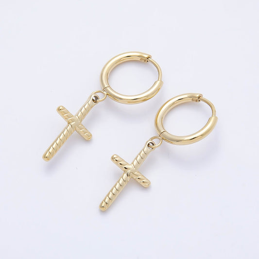 14K Gold Filled 35mm Ribbed Religious Cross Drop Huggie Earrings | Earrings-00647