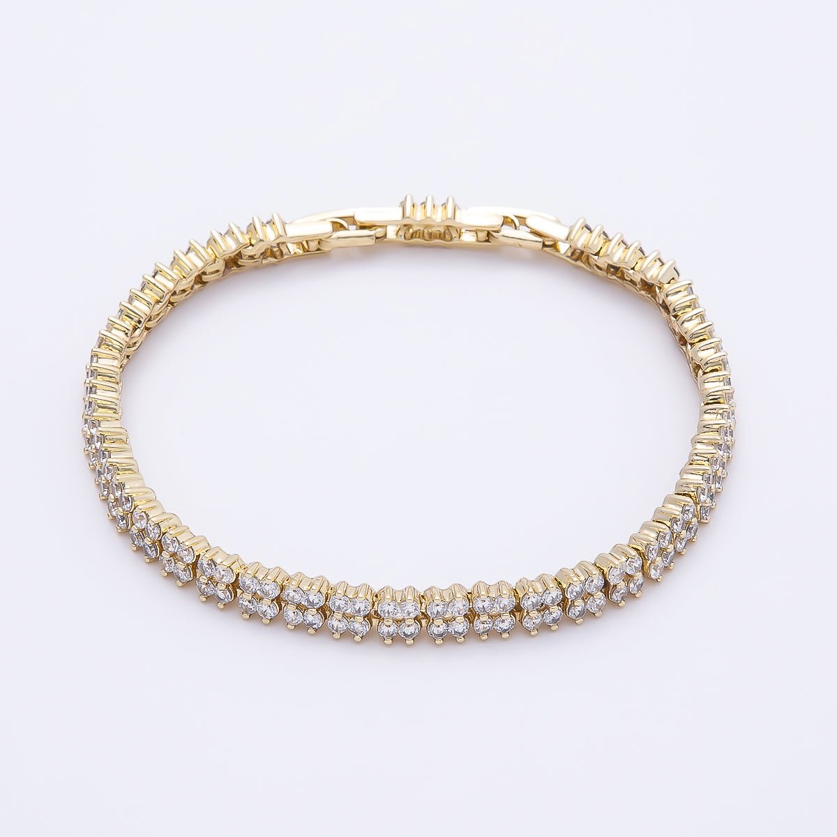 14K Gold Filled 5mm Clear CZ Double Row Clover Tennis Chain 7 Inch Adjustable Bracelet | WA-04631