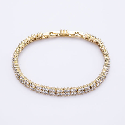 14K Gold Filled 5mm Clear CZ Double Row Clover Tennis Chain 7 Inch Adjustable Bracelet | WA-04631