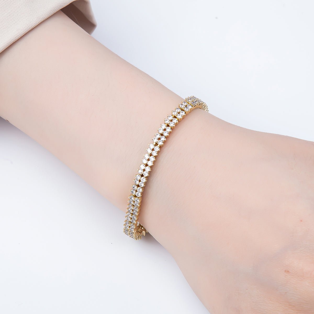 14K Gold Filled 5mm Clear CZ Double Row Clover Tennis Chain 7 Inch Adjustable Bracelet | WA-04631