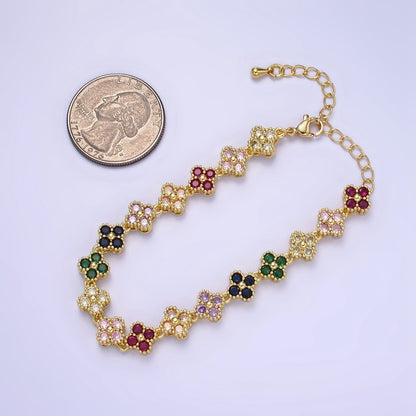 14K Gold Filled CZ Multicolor Flower 6 Inch Bracelet in Gold & Silver | WA-2430 WA-2431