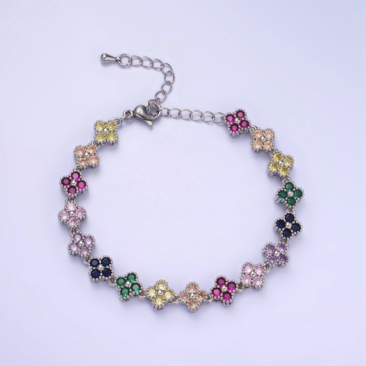 14K Gold Filled CZ Multicolor Flower 6 Inch Bracelet in Gold & Silver | WA-2430 WA-2431