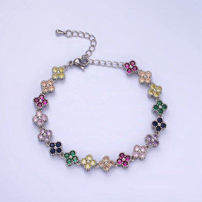 14K Gold Filled CZ Multicolor Flower 6 Inch Bracelet in Gold & Silver | WA-2430 WA-2431