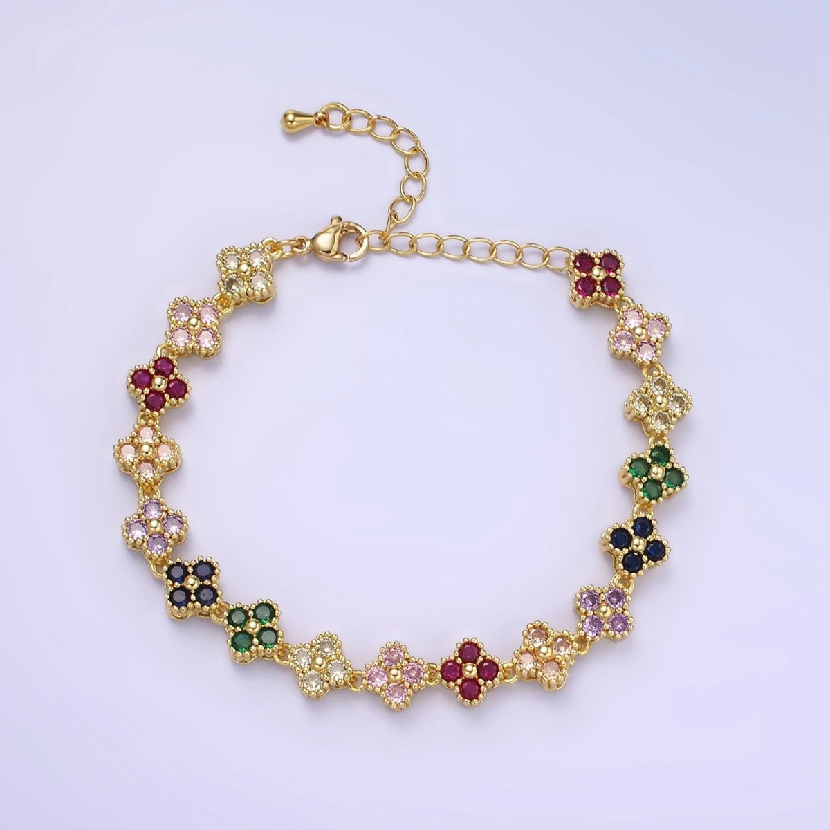 14K Gold Filled CZ Multicolor Flower 6 Inch Bracelet in Gold & Silver | WA-2430 WA-2431
