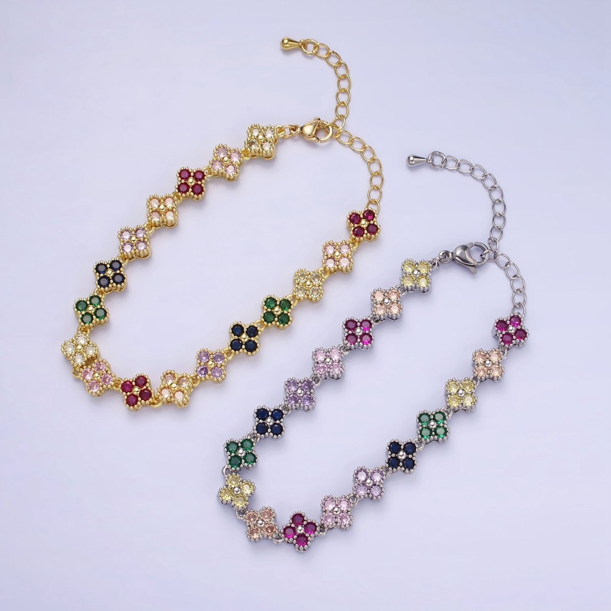 14K Gold Filled CZ Multicolor Flower 6 Inch Bracelet in Gold & Silver | WA-2430 WA-2431