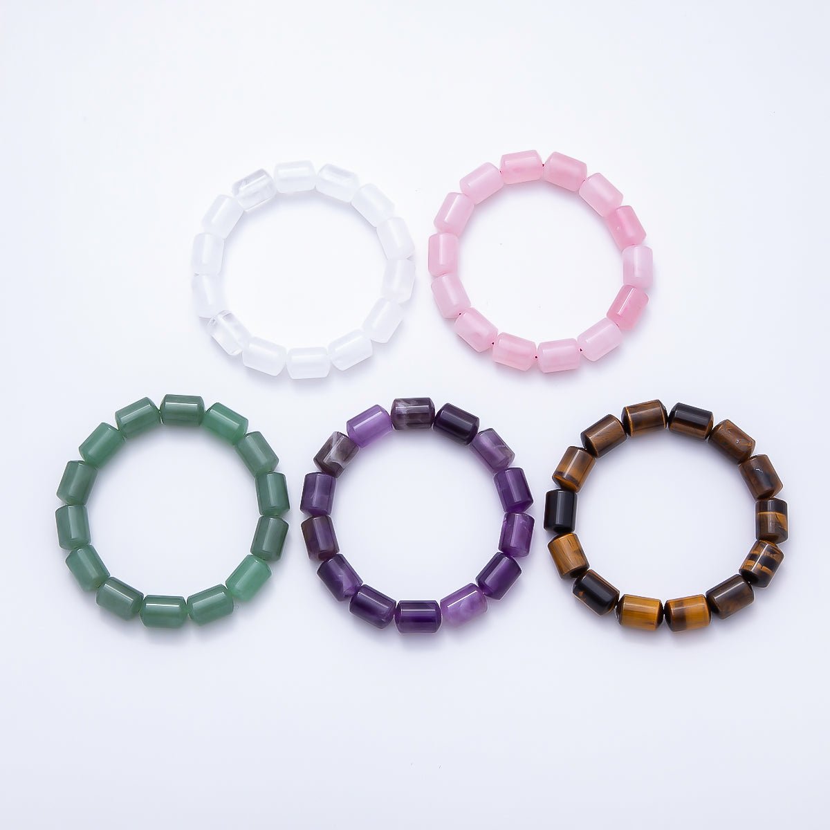 16K Gold Filled 10mm Clear Quartz, Amethyst, Aventurine, Rose Quartz, Tiger Eye Tube Gemstone Stretch Bracelet | WA-02243 ~ WA-02296