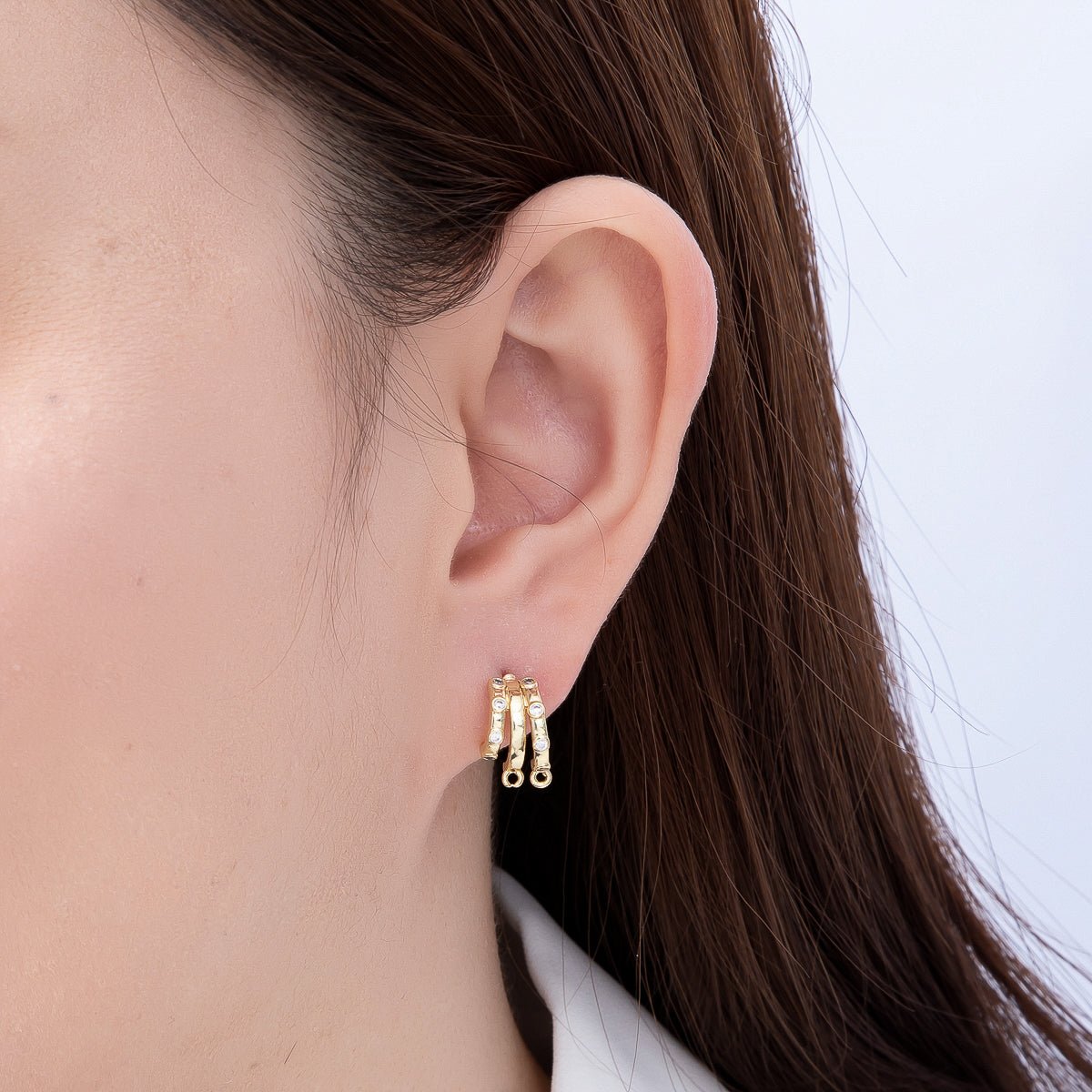 16K Gold Filled 19mm Clear CZ Dotted Triple Claw Drop C-Shaped Hoop Earring Findings in Gold & Silver| Findings-00491 Findings-00492