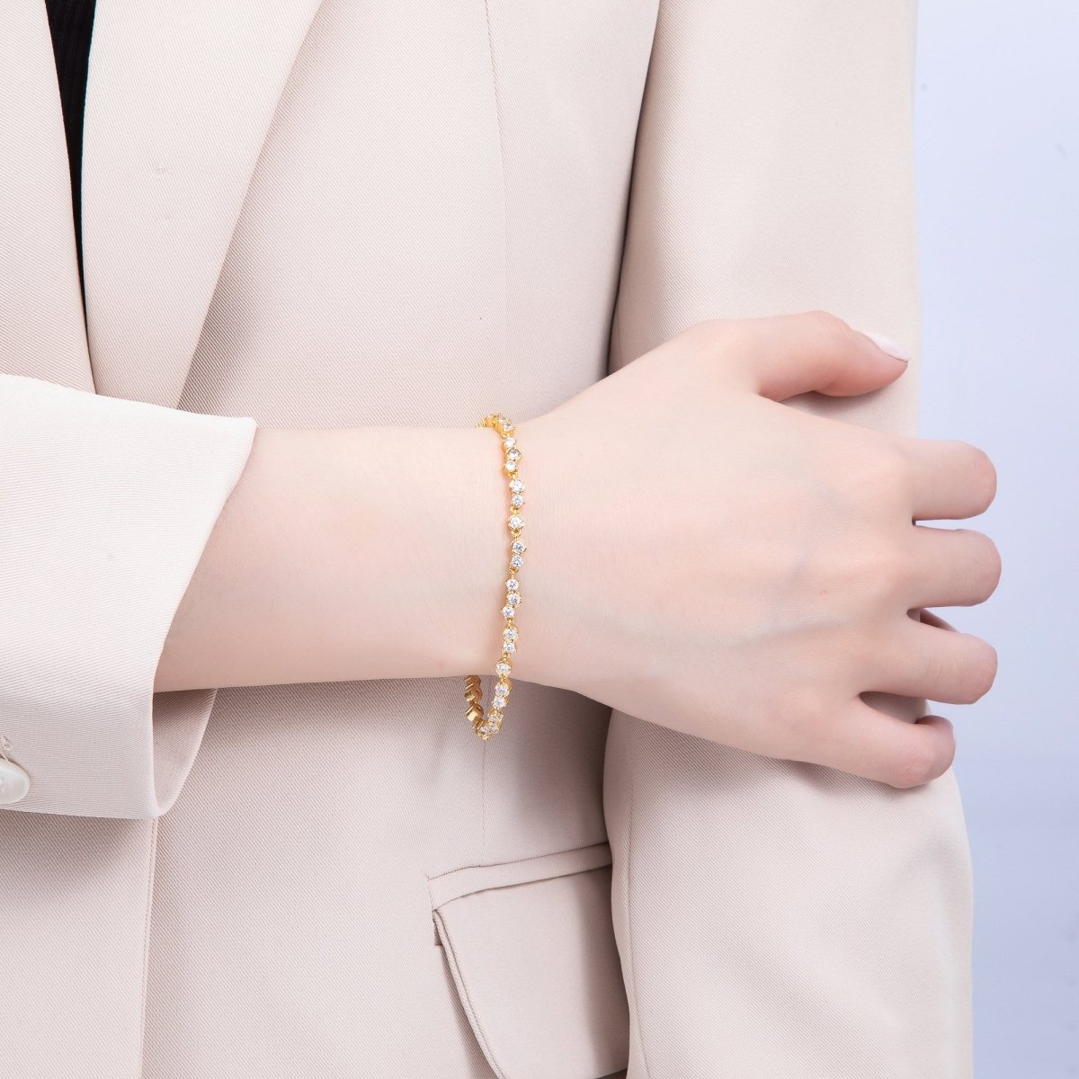 16K Gold Filled 2.5mm 5mm Clear CZ Round Bezel Tennis Chain 7 Inch Adjustable Bracelet | WA-04271