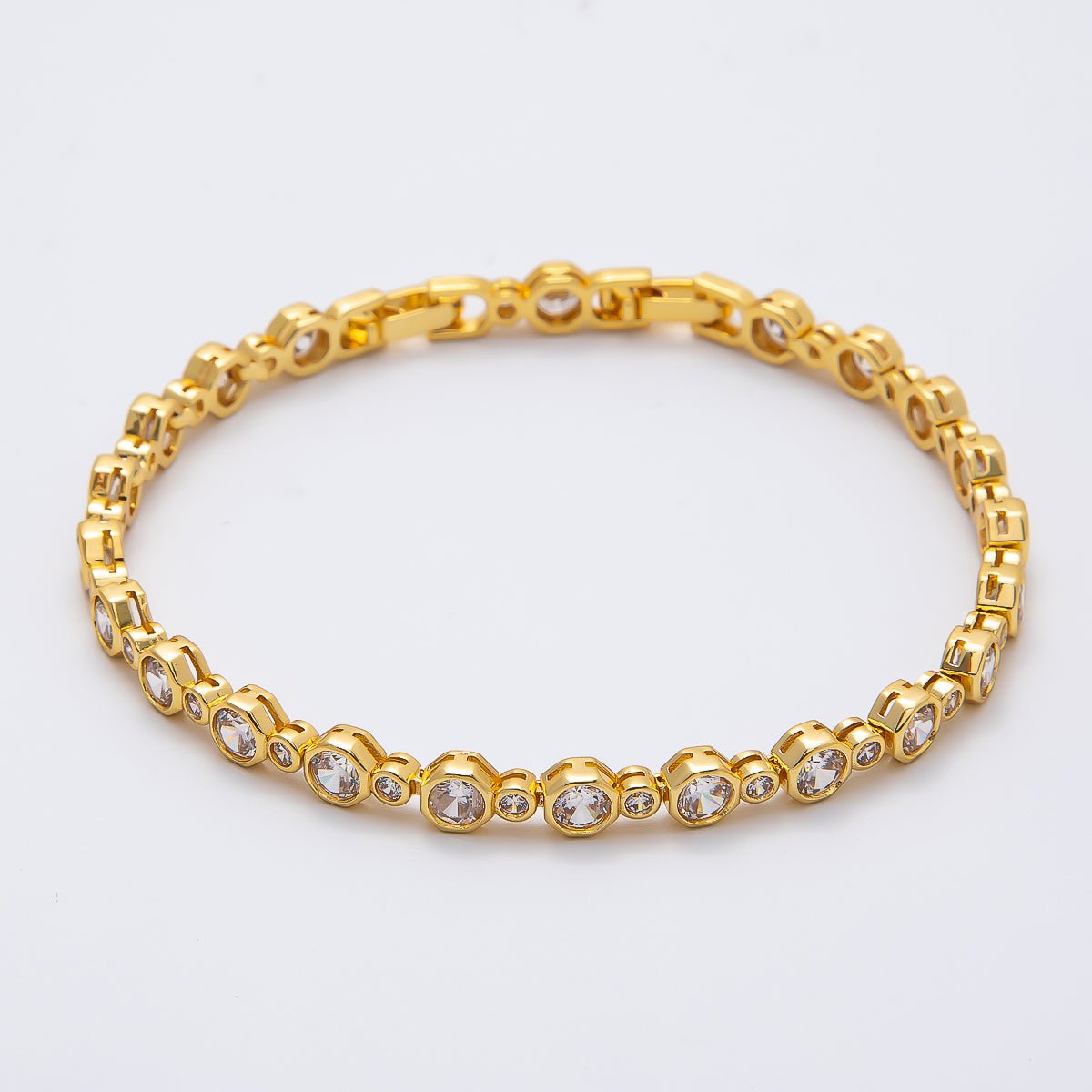 16K Gold Filled 2.5mm 5mm Clear CZ Round Bezel Tennis Chain 7 Inch Adjustable Bracelet | WA-04271