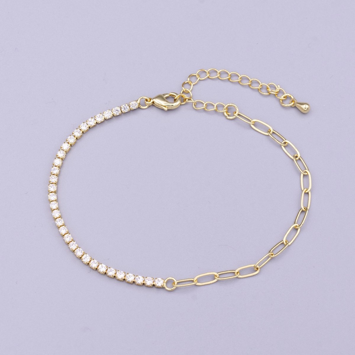 16K Gold Filled 2mm Half Tennis Half Paperclip 7 Inch Chain Bracelet | WA-1809 Clearance Pricing