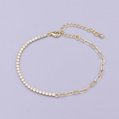 16K Gold Filled 2mm Half Tennis Half Paperclip 7 Inch Chain Bracelet | WA-1809 Clearance Pricing
