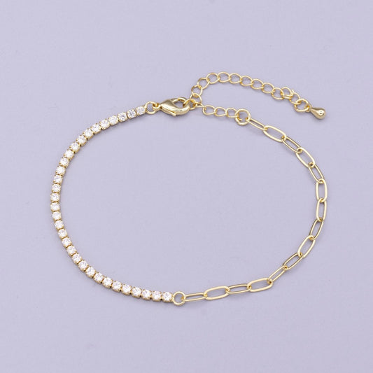 16K Gold Filled 2mm Half Tennis Half Paperclip 7 Inch Chain Bracelet | WA-1809 Clearance Pricing