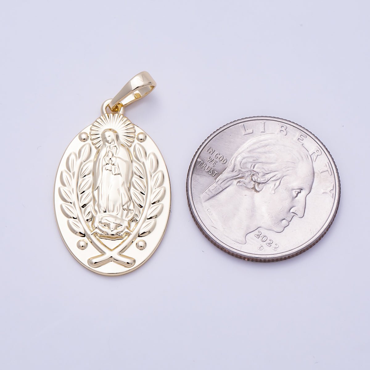16K Gold Filled 30mm Wheat Our Lady of Guadalupe Mary Religious Oval Pendant | Charms-01477