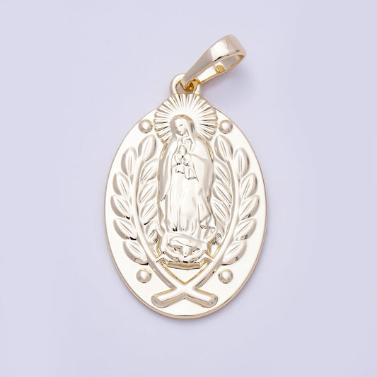 16K Gold Filled 30mm Wheat Our Lady of Guadalupe Mary Religious Oval Pendant | Charms-01477