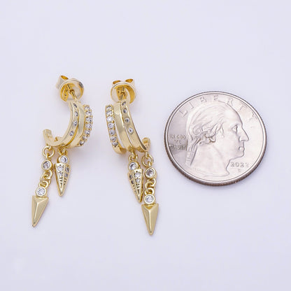 16K Gold Filled 34mm Clear Micro Paved CZ Dotted Spiked C-Shaped Hoop | Earrings-00687