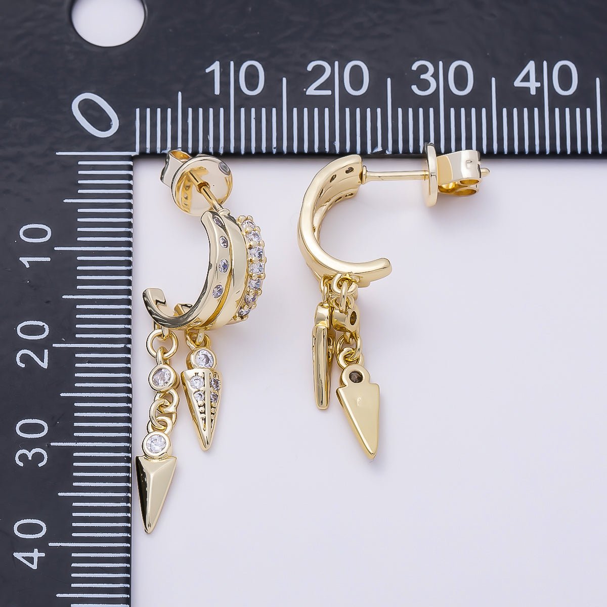 16K Gold Filled 34mm Clear Micro Paved CZ Dotted Spiked C-Shaped Hoop | Earrings-00687