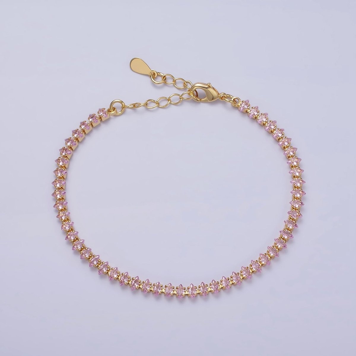 16K Gold Filled 4mm Green, Clear, Pink CZ Marquise Tennis 6.5 Inch Bracelet with Extender | WA-1788 - WA-1790 Clearance Pricing