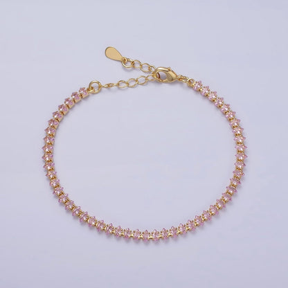16K Gold Filled 4mm Green, Clear, Pink CZ Marquise Tennis 6.5 Inch Bracelet with Extender | WA-1788 - WA-1790 Clearance Pricing