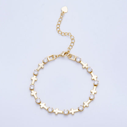 16K Gold Filled 5mm Clear CZ Religious Cross 7 Inch Bracelet w. Extender | WA-04047