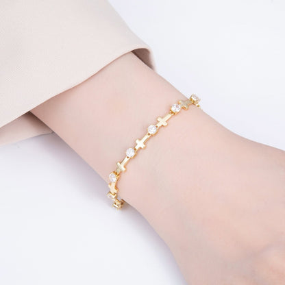 16K Gold Filled 5mm Clear CZ Religious Cross 7 Inch Bracelet w. Extender | WA-04047