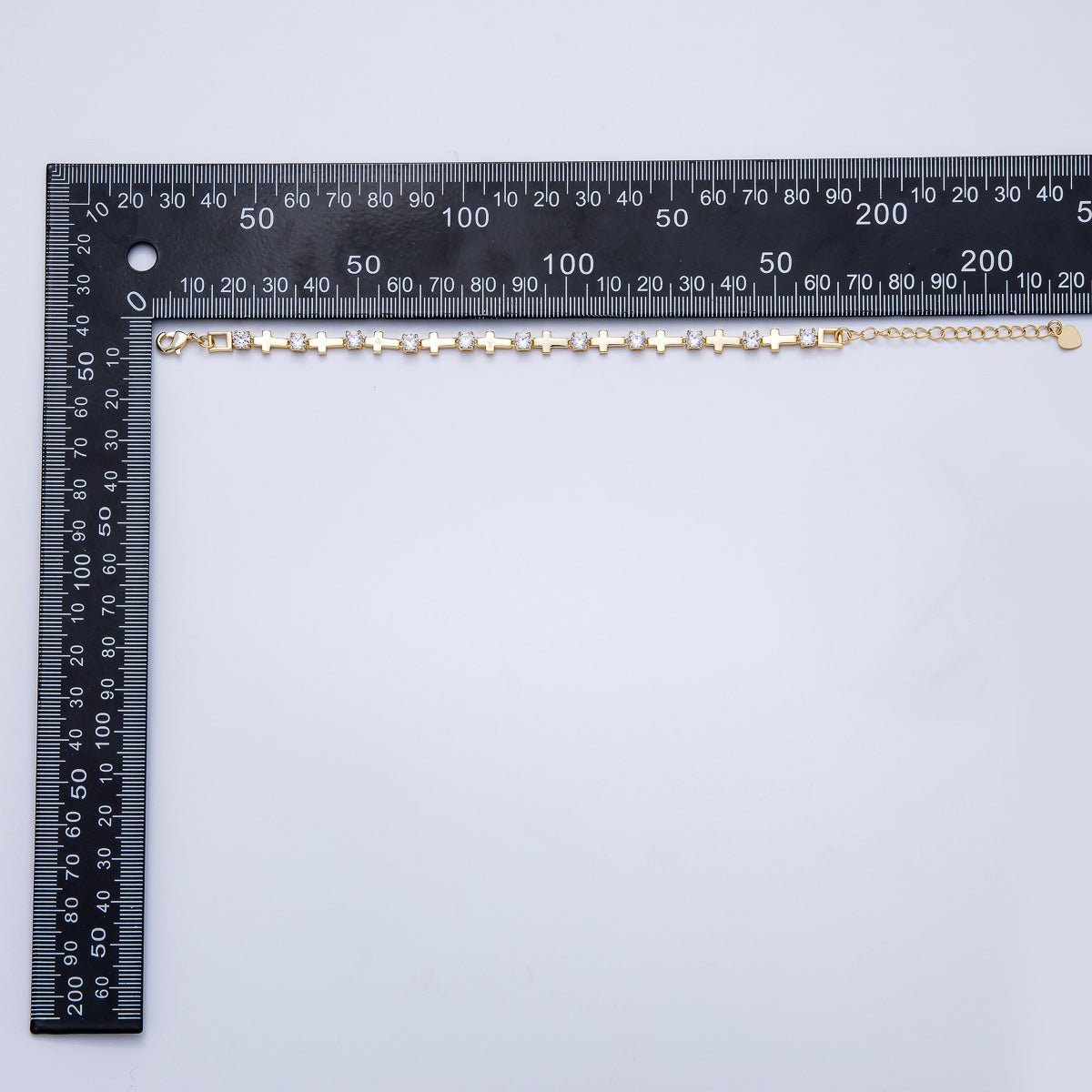 16K Gold Filled 5mm Clear CZ Religious Cross 7 Inch Bracelet w. Extender | WA-04047