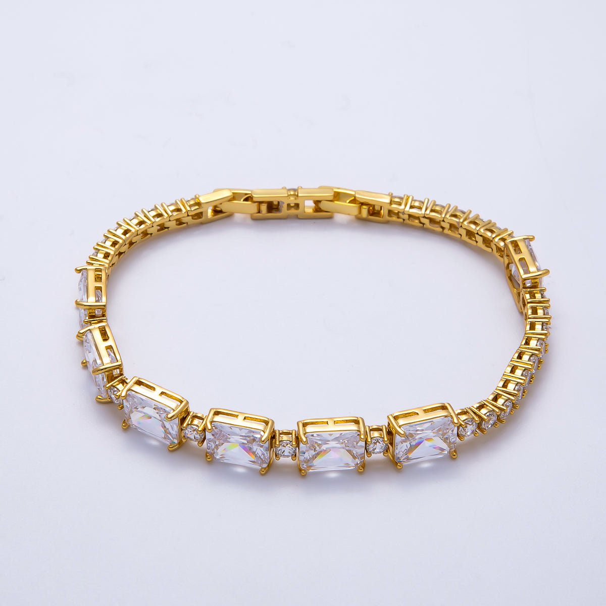 16K Gold Filled Clear Baguette Round CZ Tennis Chain 7 Inch Adjustable Bracelet | WA-04335