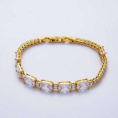 16K Gold Filled Clear Baguette Round CZ Tennis Chain 7 Inch Adjustable Bracelet | WA-04335