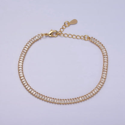 16K Gold Filled Clear, Pink Baguette CZ 3.5mm Tennis Chain 6.5 Inch Bracelet | WA-1820 - WA-1823 Clearance Pricing