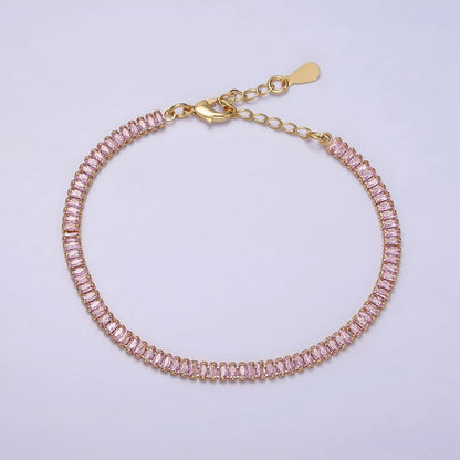 16K Gold Filled Clear, Pink Baguette CZ 3.5mm Tennis Chain 6.5 Inch Bracelet | WA-1820 - WA-1823 Clearance Pricing