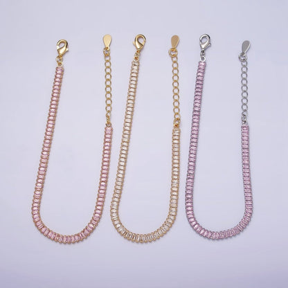 16K Gold Filled Clear, Pink Baguette CZ 3.5mm Tennis Chain 6.5 Inch Bracelet | WA-1820 - WA-1823 Clearance Pricing