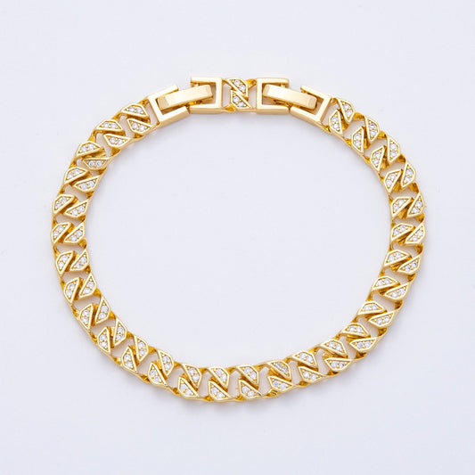 18K Gold Filled 6.5mm Micro Paved CZ Geometric Curb Adjustable Bracelet | WA-3880