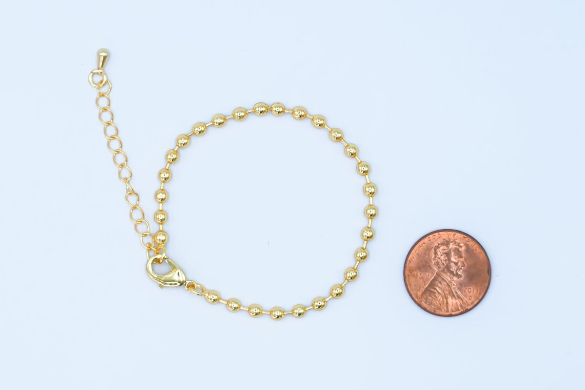 24K Gold Filled 3mm Bead Ball 7 Inch Chain Bracelet | WA-2798