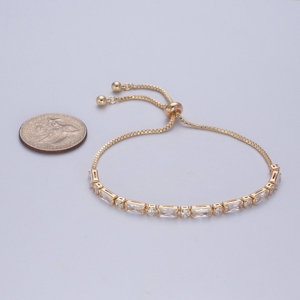 24K Gold Filled Clear Baguette Cubic Zirconia Adjustable Bracelet Chain | WA-1002