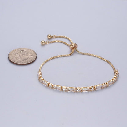 24K Gold Filled Clear Baguette Cubic Zirconia Adjustable Bracelet Chain | WA-1002