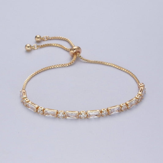 24K Gold Filled Clear Baguette Cubic Zirconia Adjustable Bracelet Chain | WA-1002