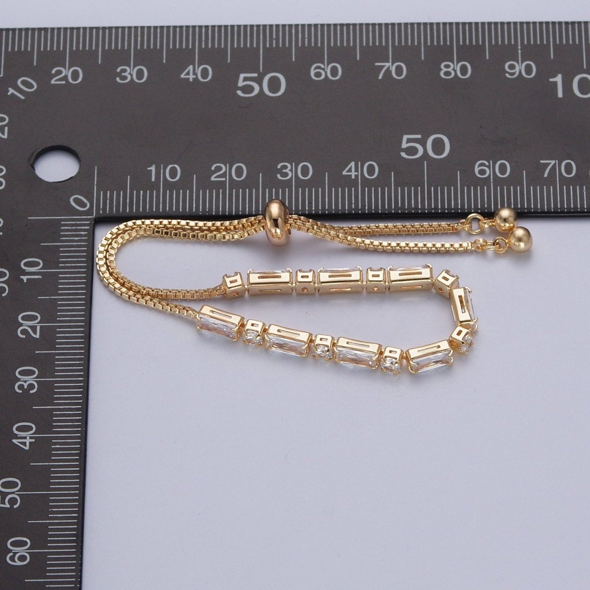 24K Gold Filled Clear Baguette Cubic Zirconia Adjustable Bracelet Chain | WA-1002