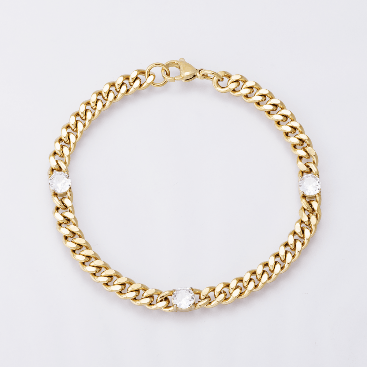 Gold Stainless Steel 6.3mm Triple CZ Curb Chain 8.5 Inch Bracelet | WA-04171