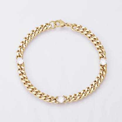 Gold Stainless Steel 6.3mm Triple CZ Curb Chain 8.5 Inch Bracelet | WA-04171