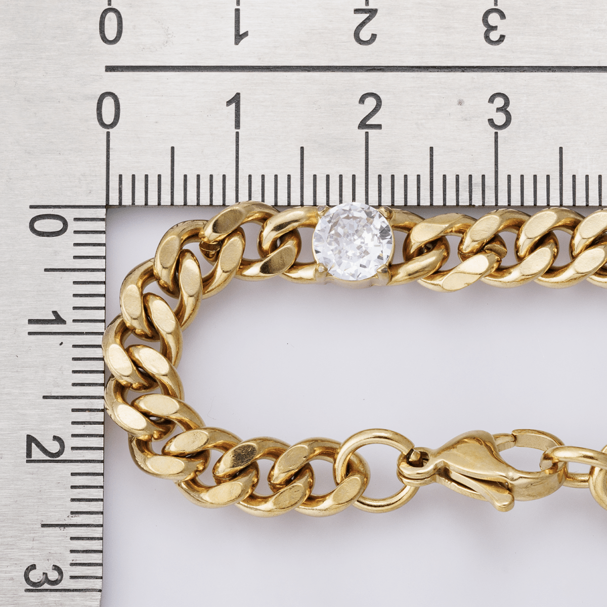 Gold Stainless Steel 6.3mm Triple CZ Curb Chain 8.5 Inch Bracelet | WA-04171