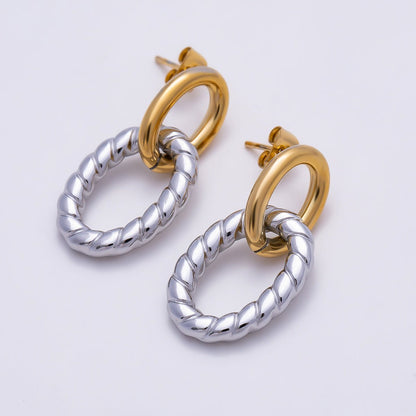 Stainless Steel 30mm Ribbed Lined Double Oval Link Drop Stud Earrings | Earrings-00713
