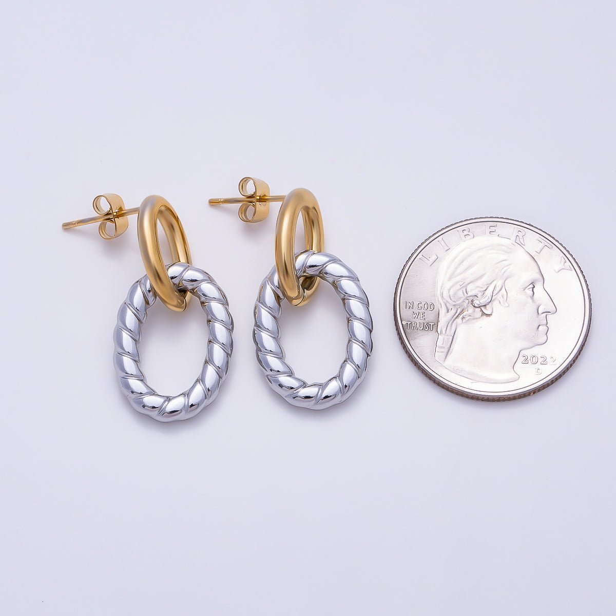 Stainless Steel 30mm Ribbed Lined Double Oval Link Drop Stud Earrings | Earrings-00713