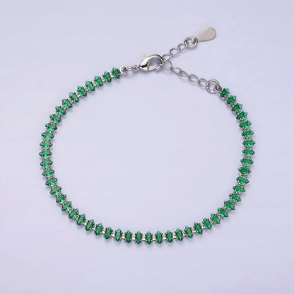 White Gold Filled 4mm Clear, Pink, Green CZ Marquise Tennis 6.5 Inch Bracelet with Extender | WA-1810 - WA-1812 Clearance Pricing