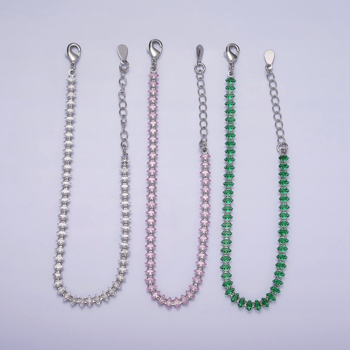 White Gold Filled 4mm Clear, Pink, Green CZ Marquise Tennis 6.5 Inch Bracelet with Extender | WA-1810 - WA-1812 Clearance Pricing